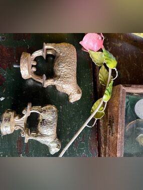 Vintage pair metal sheep farm animal figurines with mounting hardware